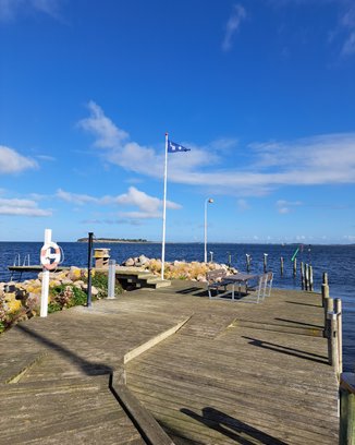 Et overblik over Langø Bådelaugs lystbådehavn - på denne dag er der ekstra mange sejlbåde i havnen, da der er arrangeret besøg af tyske sejlere.